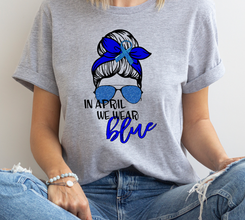 We Wear Blue Messy Bun Autism Acceptance Design DTF Print