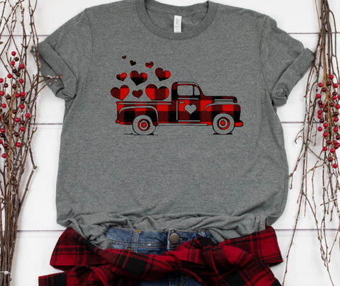 Valentine's Day Old Fashioned Truck with Hearts Buffalo Plaid Screen Print