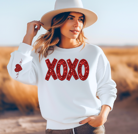 XOXO Faux Glitter and matching sleeve Heart Valentine's Day DTF Transfer Print