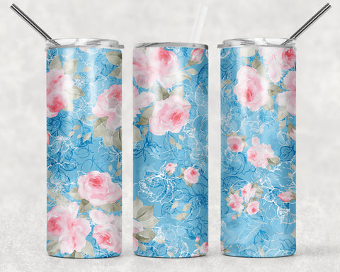 Light Blue Background & Pink Floral Sublimation Tumbler Sized Print #121