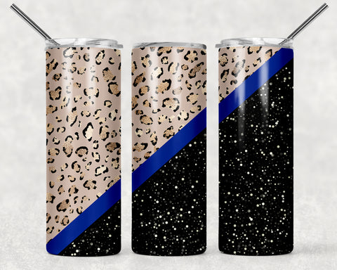 Leopard and Glitter Blue Stripe Sublimation Tumbler Sized Print #372