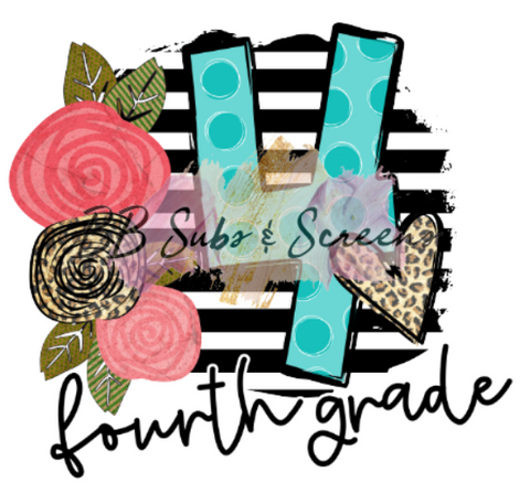 Fourth Grade Black and White Stripe with Flowers Sublimation Print