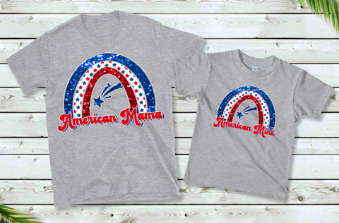 American Mini Patriotic Glitter Rainbow Design Mama & Mini Available DTF Print #MM02