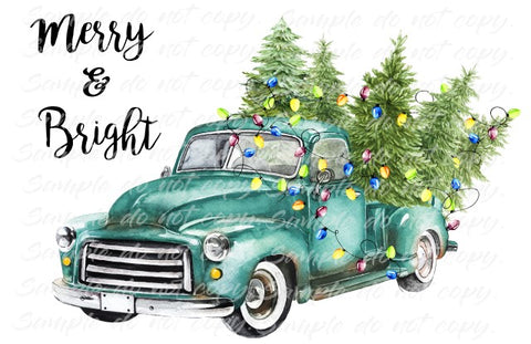 Merry & Bright Blue Truck Christmas Trees Merry Christmas Sublimation Print