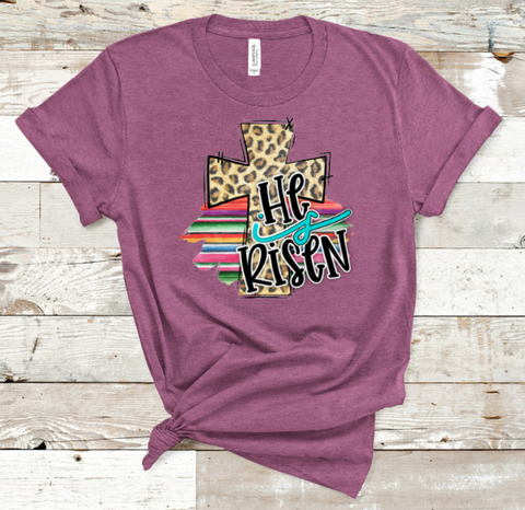 He is Risen Leopard Print Cross with Serape Tshirt DROP SHIP AVAILABLE