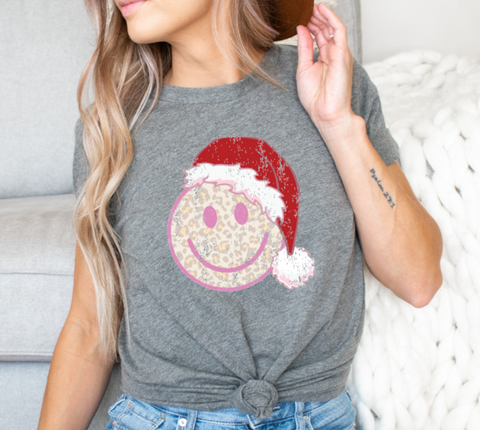 Leopard Smiley Face with Santa Hat HIGH HEAT Screen Prints
