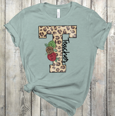 Teacher Leopard Print T with Roses  DTF